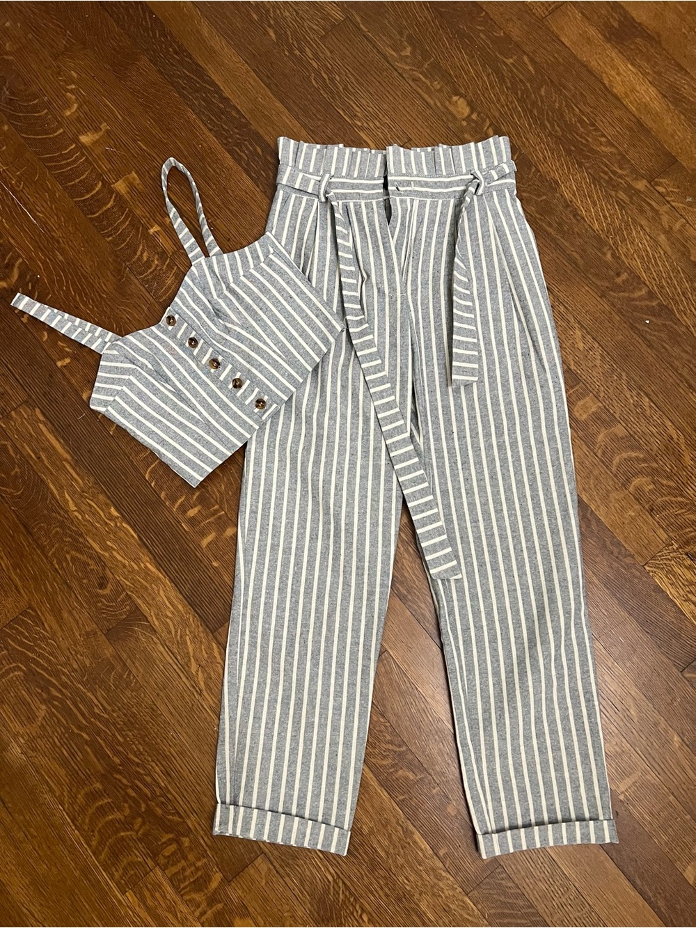 Topshop Gray & White Striped High-Waist Tie Belt Pants